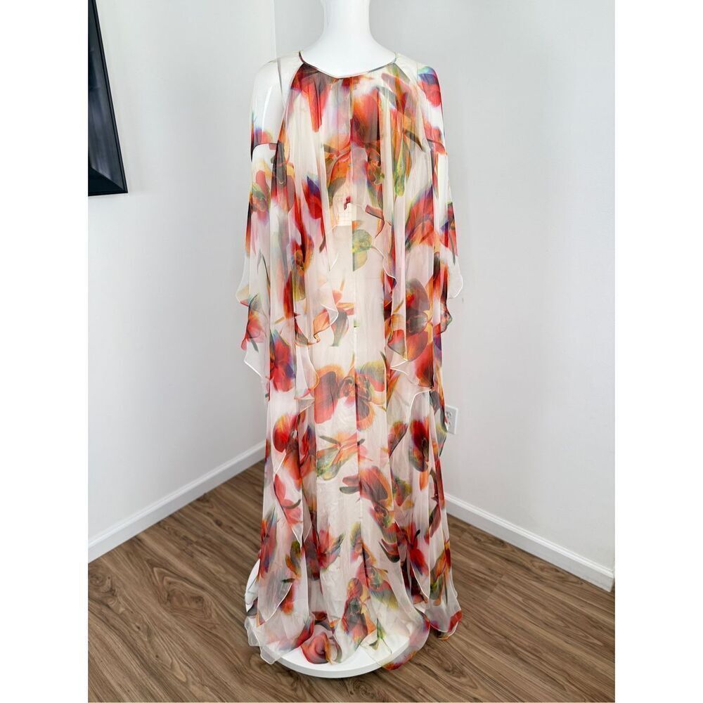 Alexander McQueen Womens Cape Sleeve Sheer Floral-Silk Gown White Sz 4/6 - Picture 5 of 16